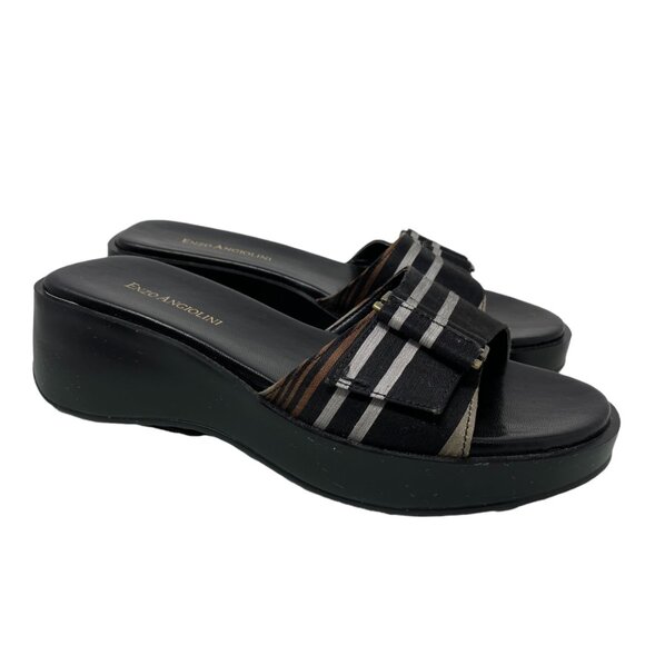 Y2K 90s Enzo Angiolini LIO Slide Wedge Sandals Womens 7 Open Toe Striped Black - Picture 1 of 11